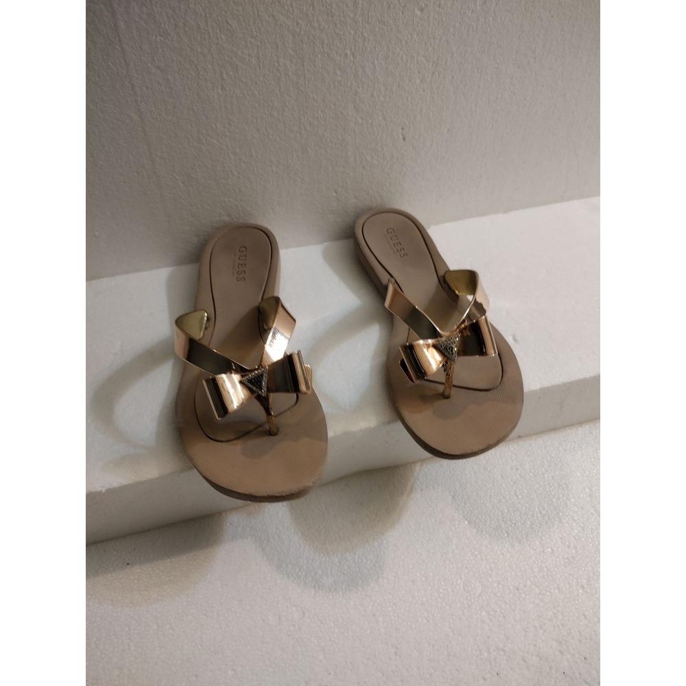 Guess Sandals Womens 40 Rose Gold Bow Thong Flip Flop Logo Accent
